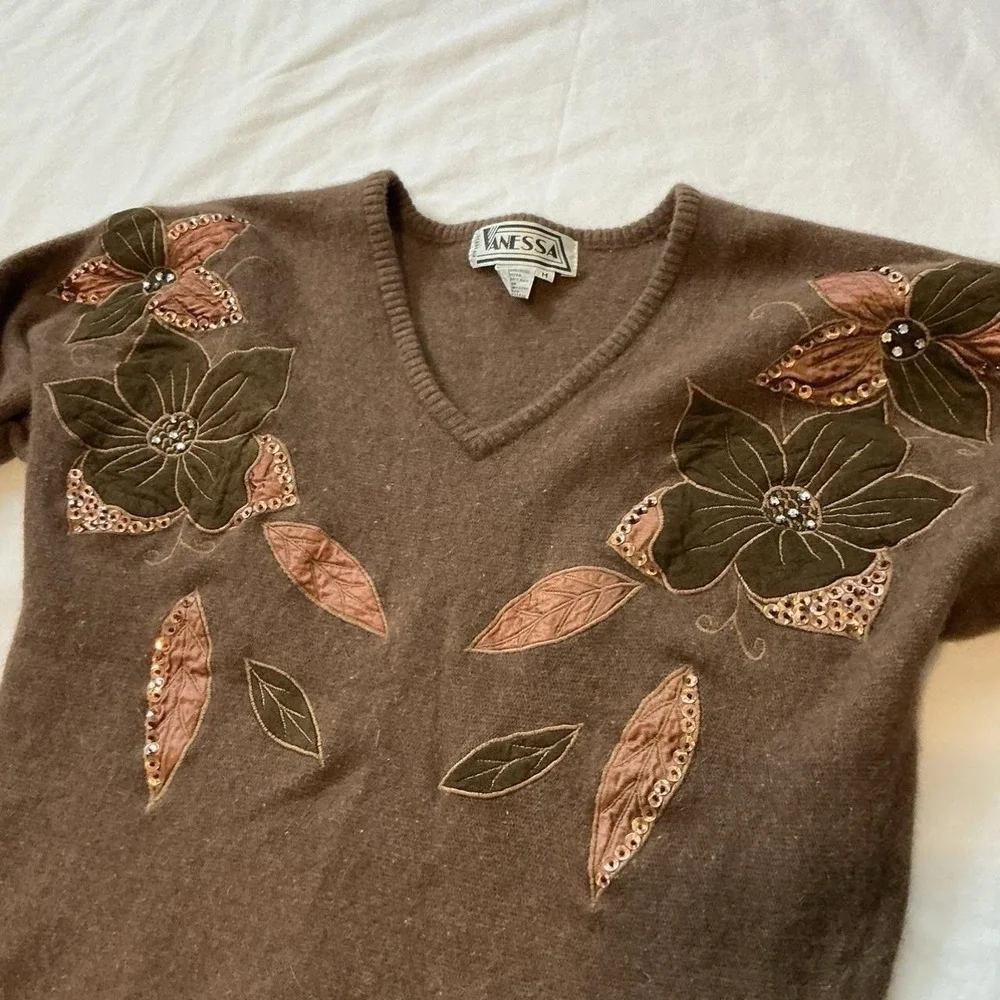 Vanessa Vintage Brown Floral Brown V Neck Sweater Boho Cottagecore Size Medium